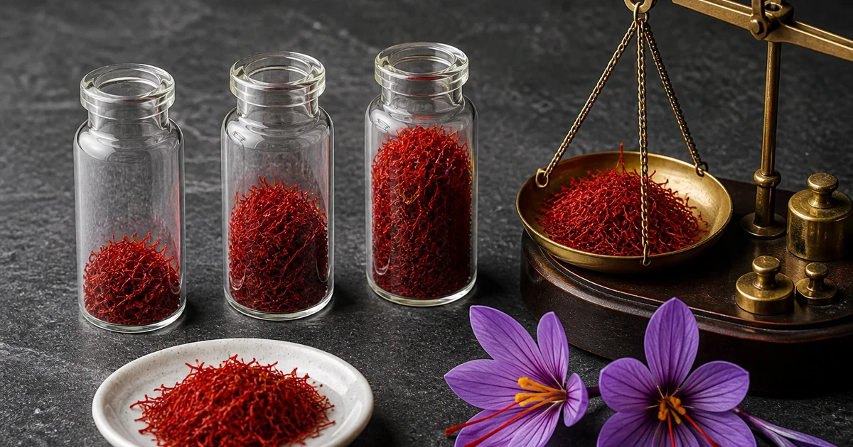 Three small unlabelled glass vials of red saffron threads beside purple crocus flowers and a gram scale