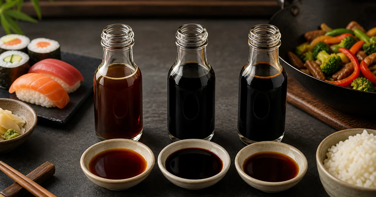 Three unlabelled glass bottles and tasting bowls of soy sauce beside sushi rice, stir-fried vegetables, and soybeans