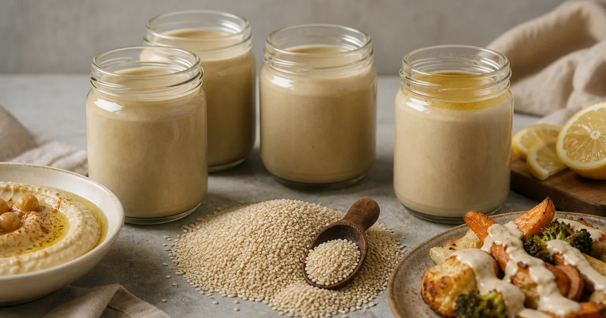 Three unlabelled jars of beige tahini beside hulled sesame seeds, hummus, and a lemon