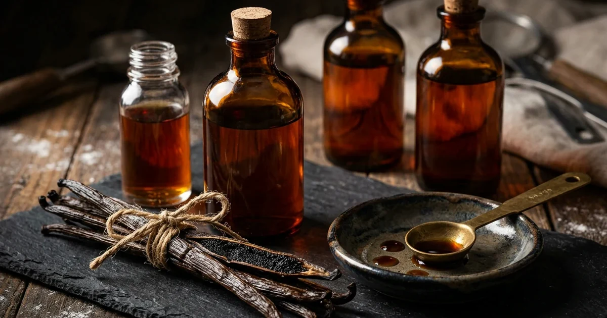 Three unlabelled glass bottles of dark amber vanilla extract beside a bundle of cured Bourbon vanilla beans and a tasting dish