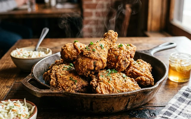 Golden fried chicken pieces with a crisp seasoned crust