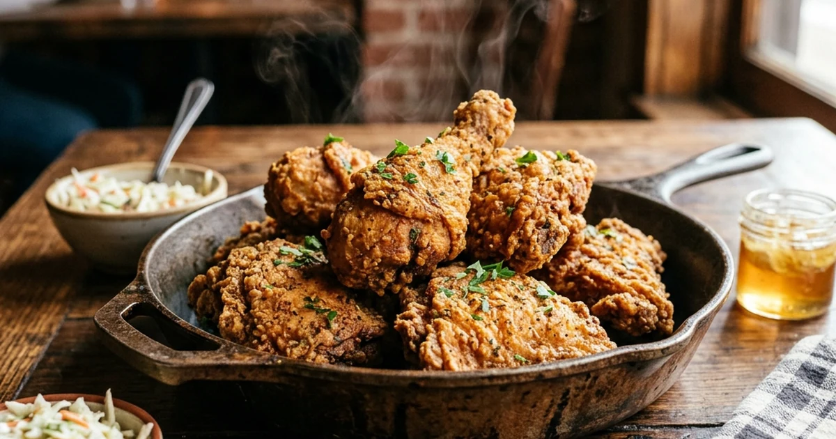 Golden fried chicken pieces with a crisp seasoned crust