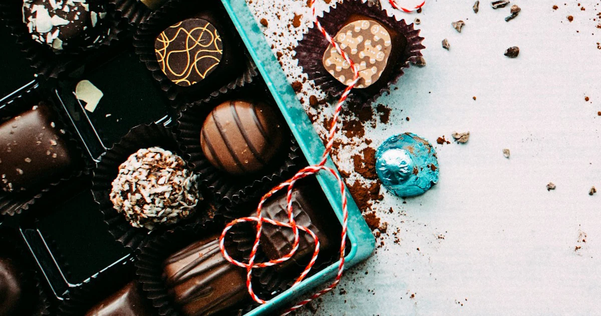 Dark chocolate pieces with cocoa powder and cacao nibs