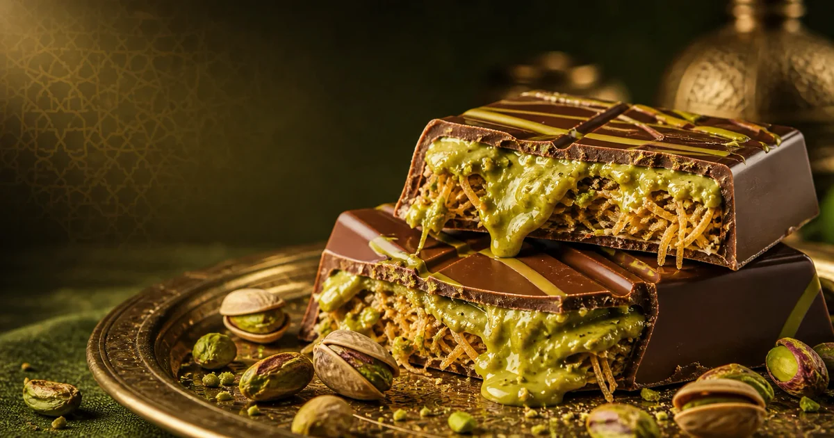Pistachio cream and kataifi filled chocolate bar representing Dubai chocolate