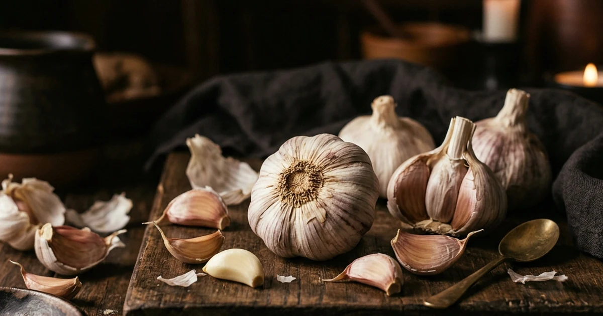 Fresh garlic bulbs with papery skin