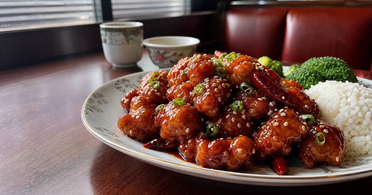 Glossy pieces of General Tso's chicken with dried red chilies, scallions, sesame, rice, and broccoli