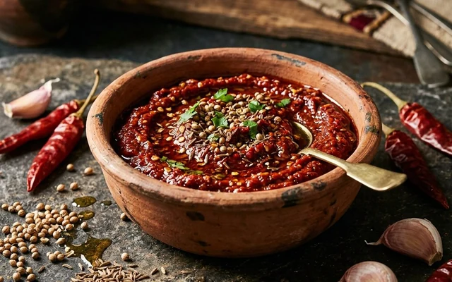 Pot de harissa rouge avec piments, ail et épices, représentant l’histoire tunisienne du condiment