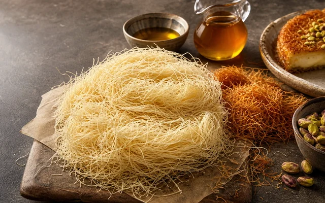 Fine raw and toasted kataifi pastry threads with pistachios, syrup, clarified butter, and a piece of knafeh