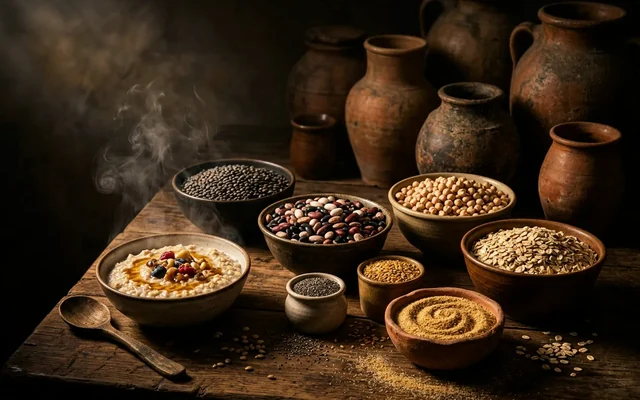 Oat grains and porridge-ready rolled oats styled as an ancient-grains fibermaxxing still life