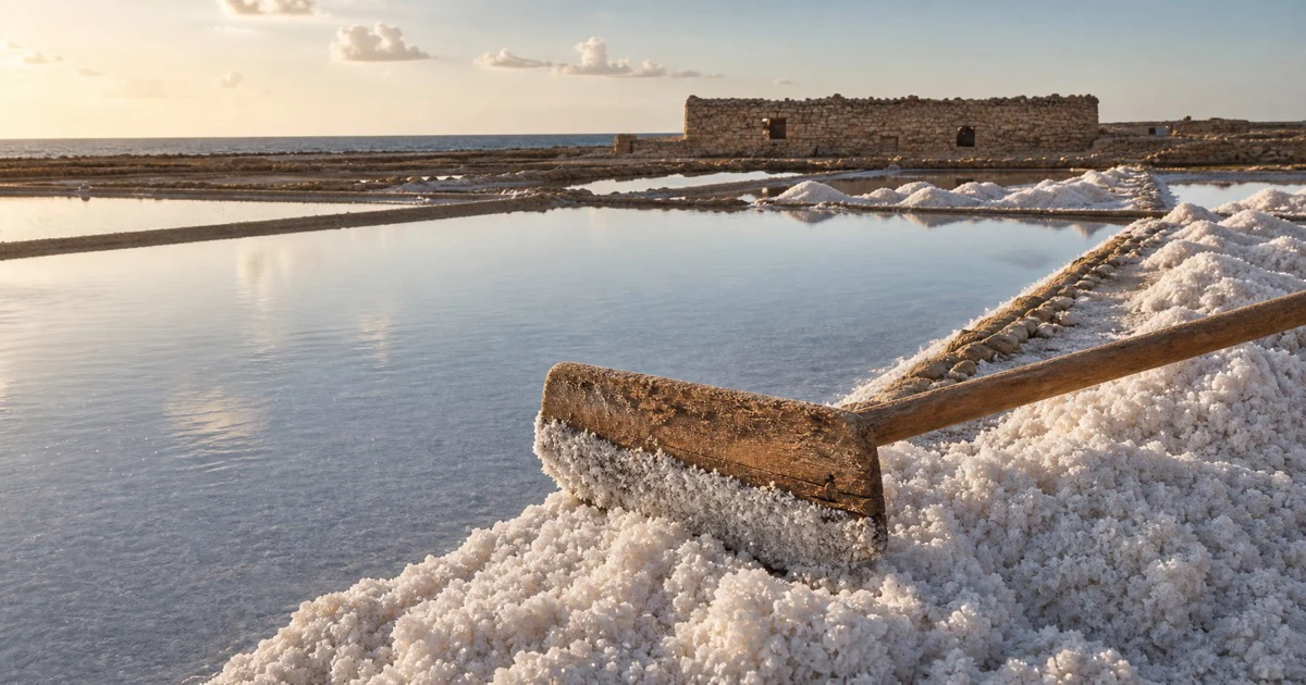 Traditional salt evaporation pans with white salt crystals and a wooden rake at sunset