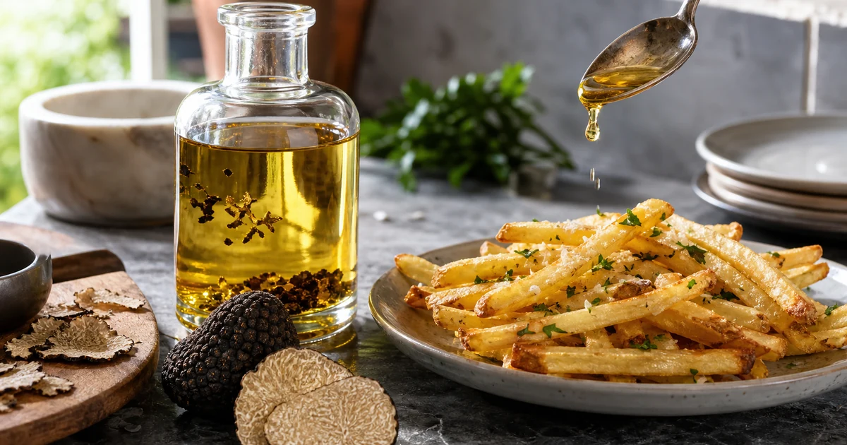 A clear bottle of truffle-flavored oil beside black and white truffles, fries, and a spoon of golden oil