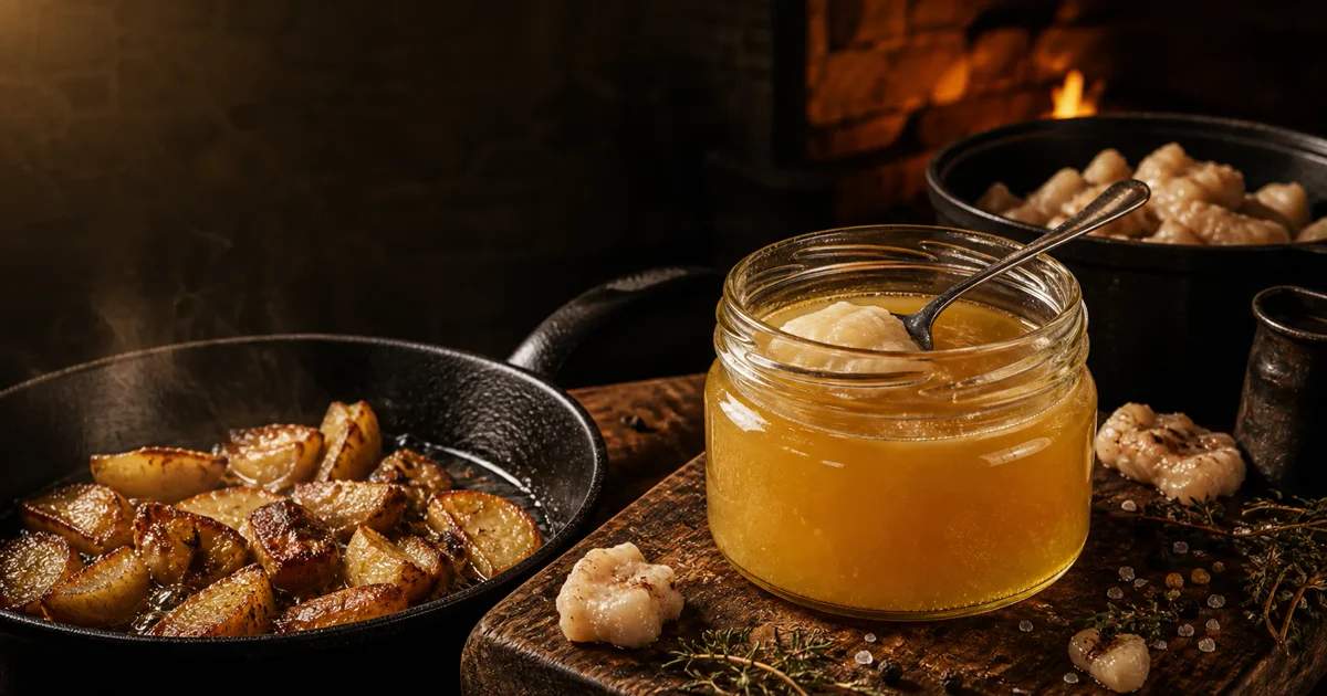 Filtered beef tallow in a jar beside rendered beef fat, roast potatoes, and a cast-iron pan