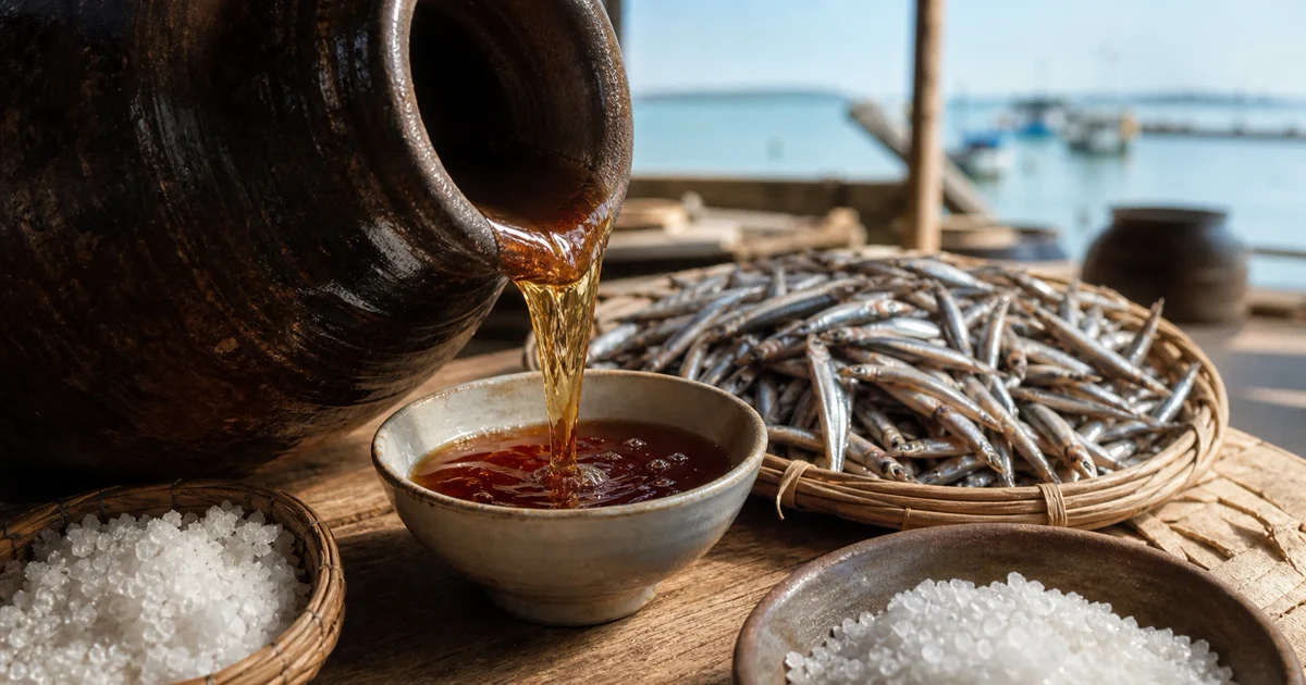 Vietnamese, Thai, and Filipino-style fish sauces in unbranded bottles beside dipping and cooking bowls