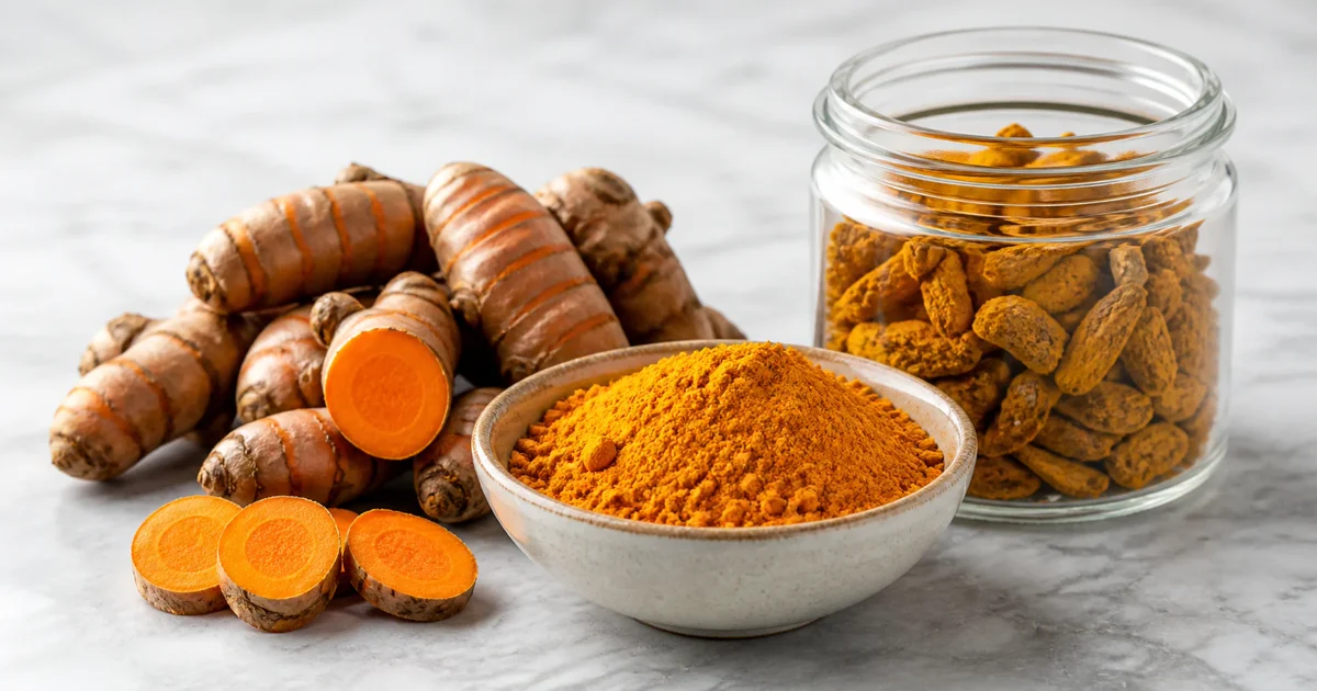 Fresh turmeric rhizomes, ground turmeric powder, turmeric paste, and a turmeric spice blend on a dark table