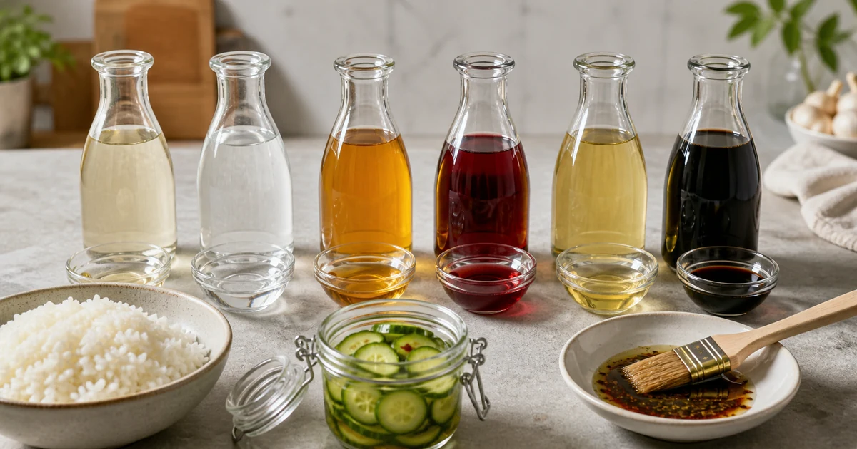 Six unbranded vinegars arranged beside sushi rice, cucumber pickles, and a marinade brush
