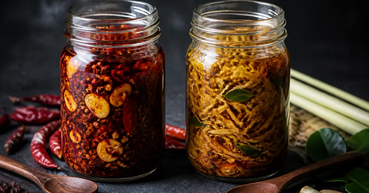 Two unlabeled jars of chili crisp on slate: red Sichuan chili oil with fried garlic beside golden Cambodian-style crunch with lemongrass and lime leaf